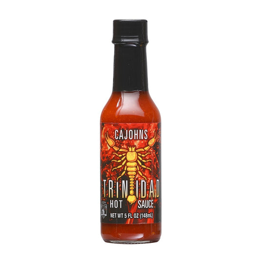 Bottle of Cajohns Trinidad Hot Sauce on a white background