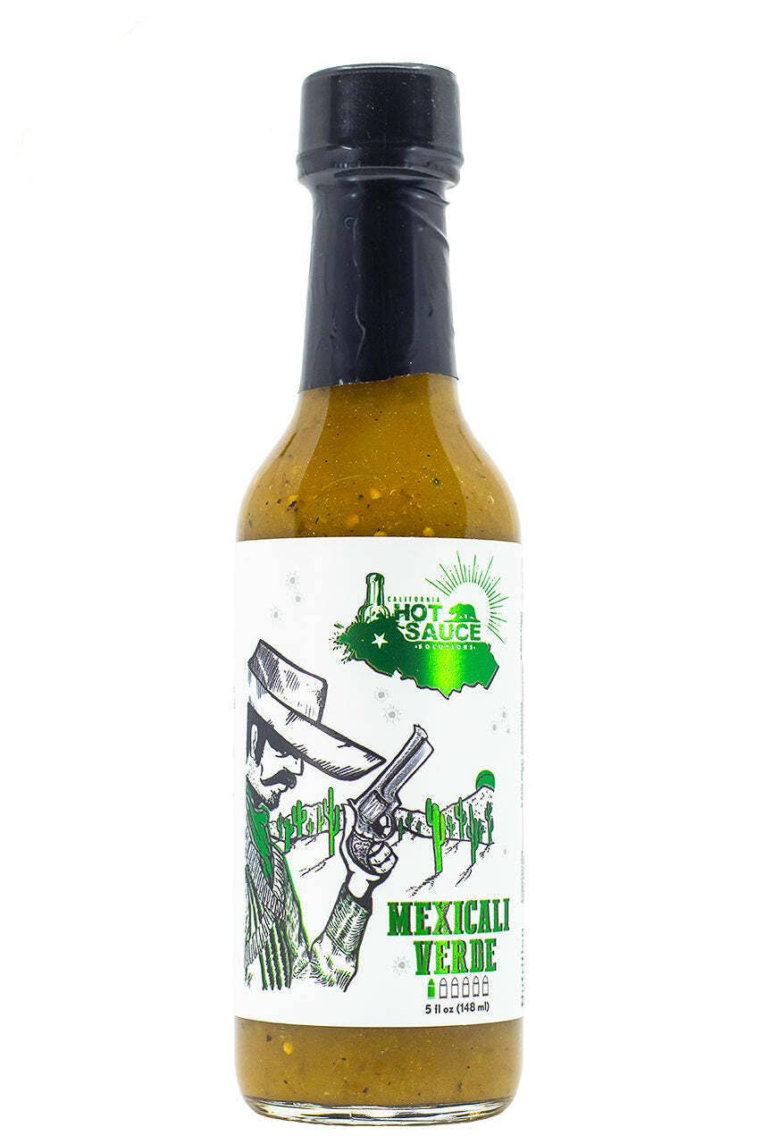A bottle of Hot Sauce Mexican Cali Verde hot sauce with a black cap and a white label featuring a cartoon character, set against a plain white background.