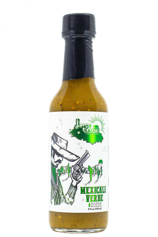 A bottle of Hot Sauce Mexican Cali Verde hot sauce with a black cap and a white label featuring a cartoon character, set against a plain white background.