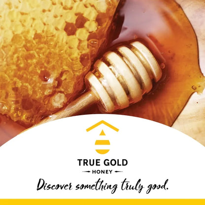 Honeycomb and honey dipper with True Gold Honey logo and tagline.