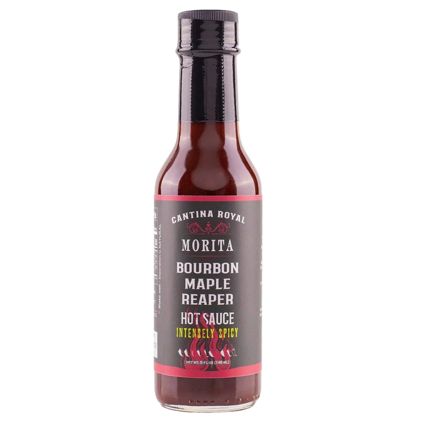 Bottle of Bourbon Maple Reaper hot sauce with a gray label on a white background