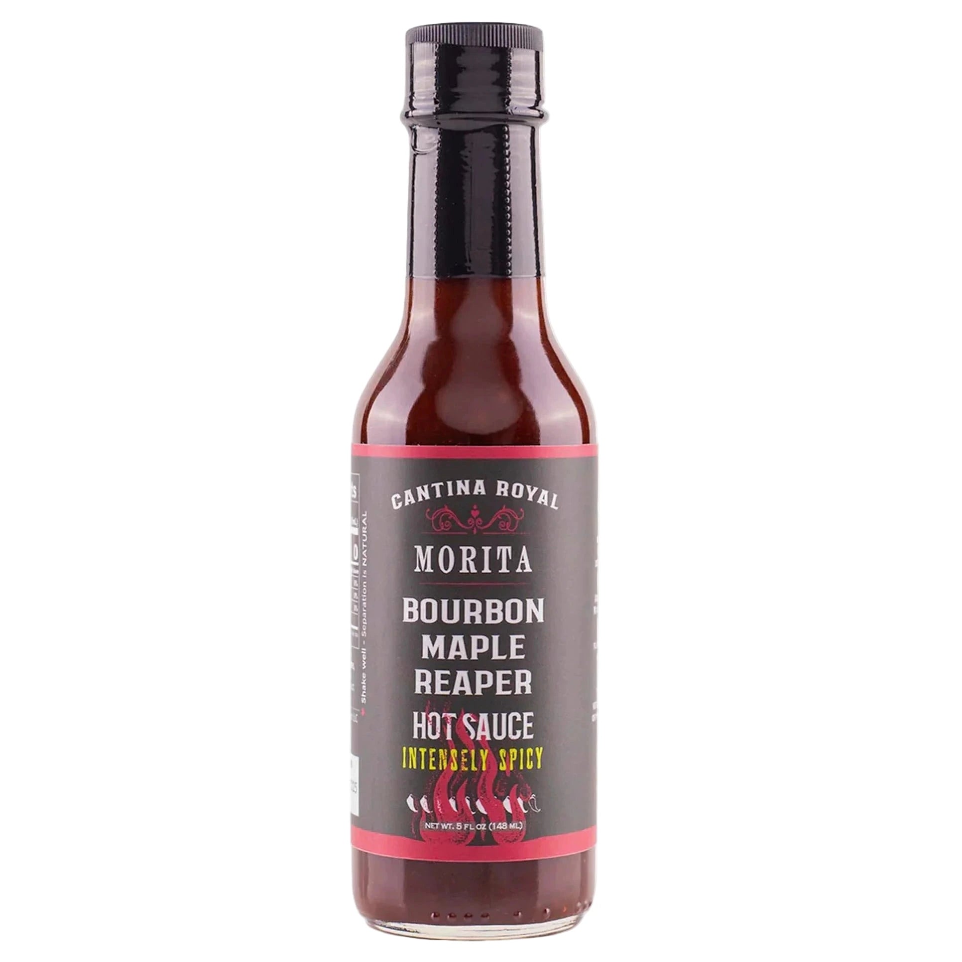 Bottle of Bourbon Maple Reaper hot sauce with a gray label on a white background