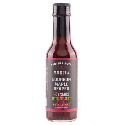 Bottle of Bourbon Maple Reaper hot sauce with a gray label on a white background