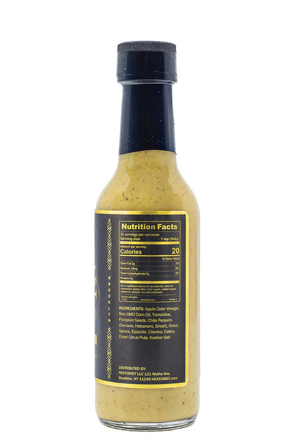 Bottle of Cantina Royal Heatonist Number 11 Hot Sauce Bottle with nutrition facts label on a white background