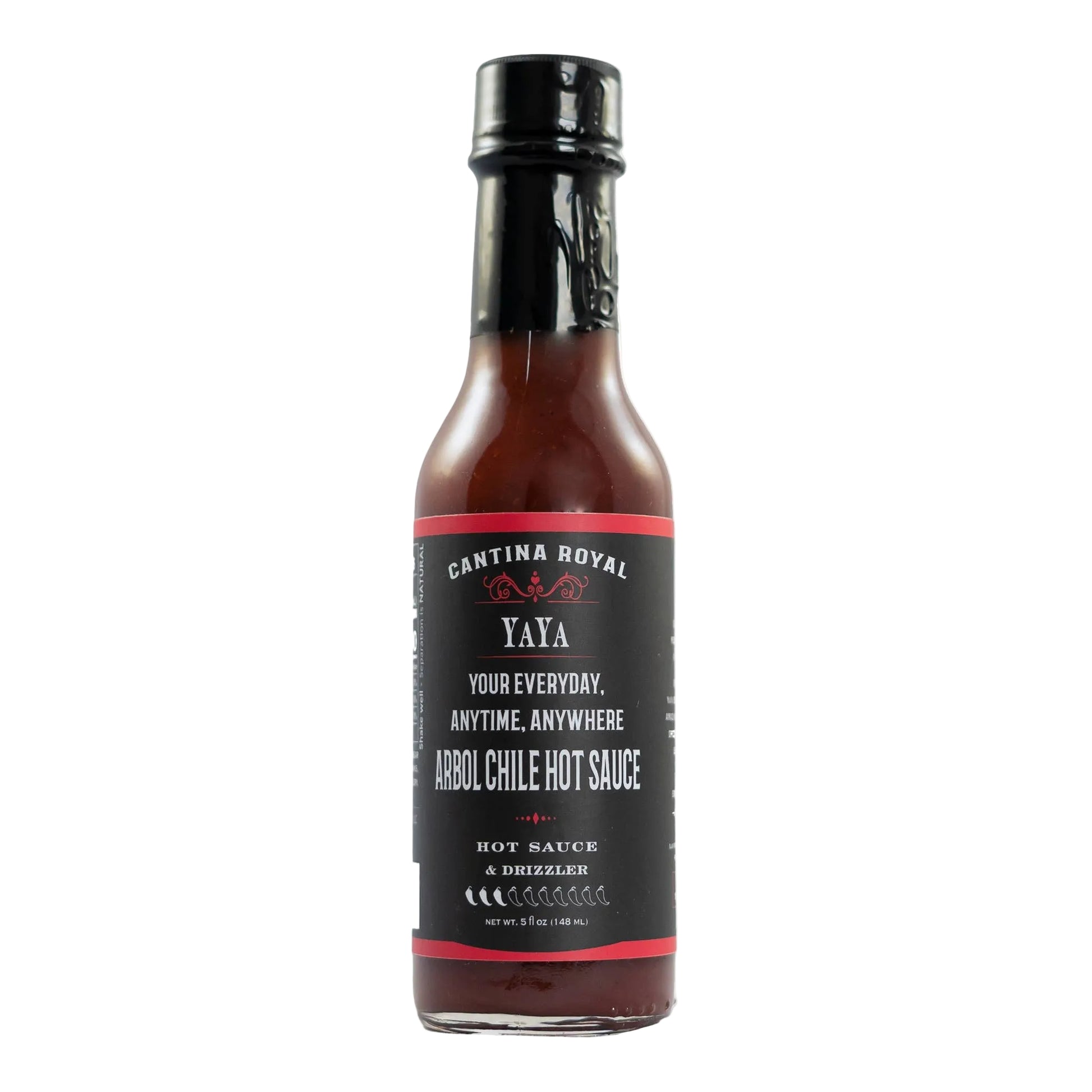 Bottle of Cantina Royal Yaya hot sauce on a white background