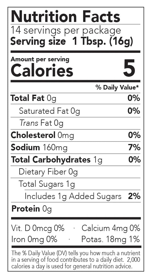 Nutrition facts label for a product with 5 calories per serving