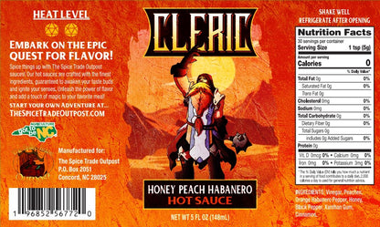 Honey Peach Habanero hot sauce label with character illustration and nutritional information.