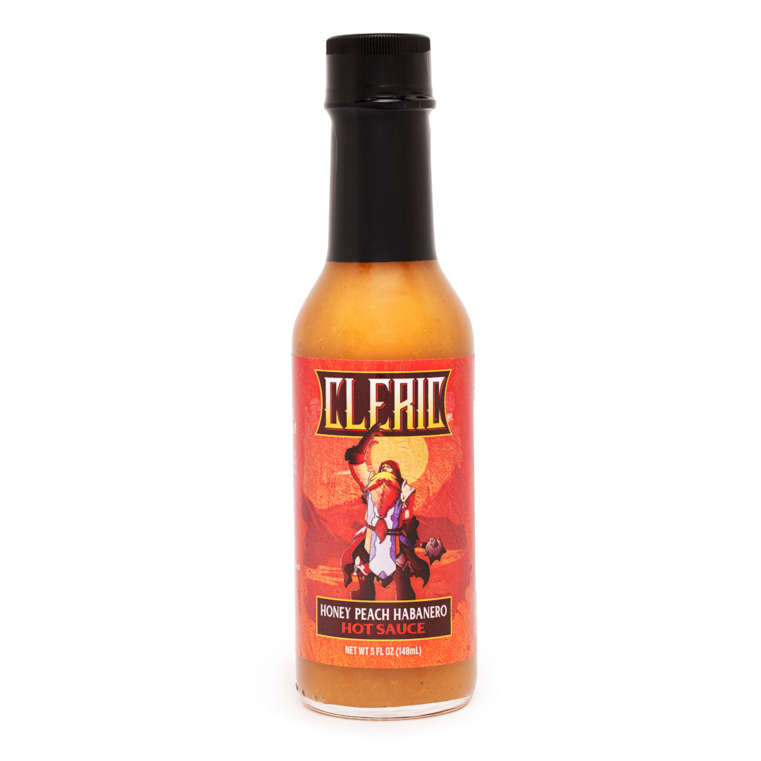 Bottle of Spice Trade Post Cleric Honey Peach Habanero Hot Sauce on a white background