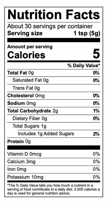 Nutrition facts label for a product with 5 calories per serving