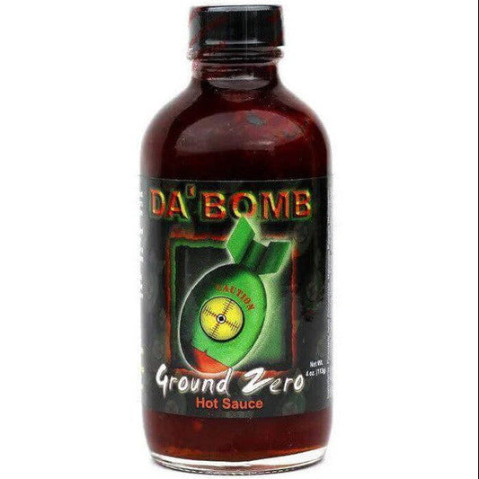 Bottle of Da' Bomb Ground Zero hot sauce on a white background