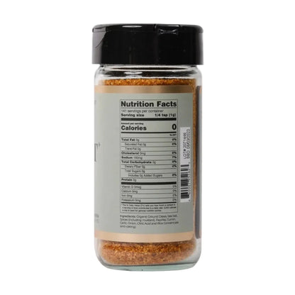 Spice jar with nutrition facts label on a white background