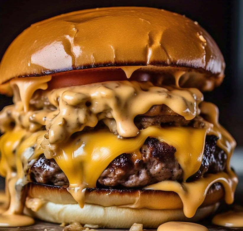 A close-up of a double cheeseburger with melted yellow cheese, thick drizzles of creamy sauce, and toasted buns, photographed against a dark background.