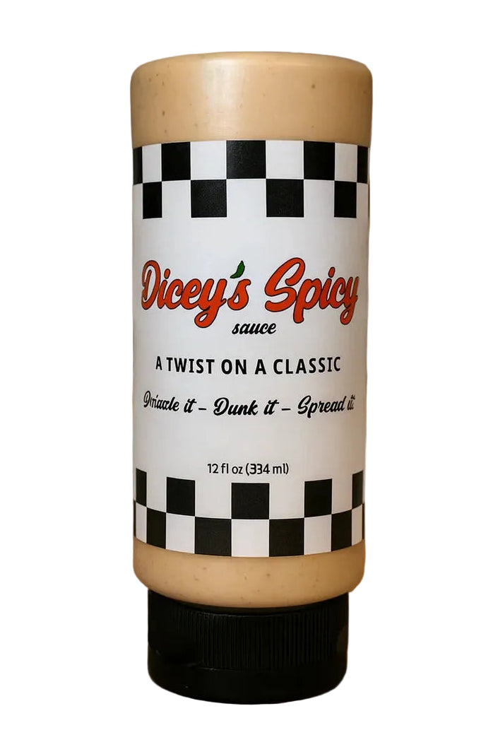 Dicey's Spicy sauce bottle on a kitchen counter