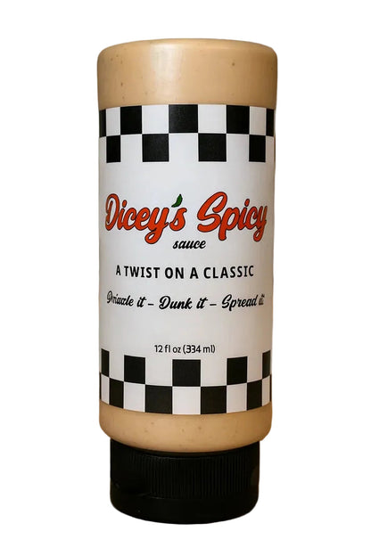 Dicey's Spicy sauce bottle on a kitchen counter