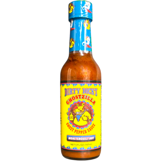 Bottle of Dirty Dick's Ghostzilla ghost pepper sauce with colorful label on a white background