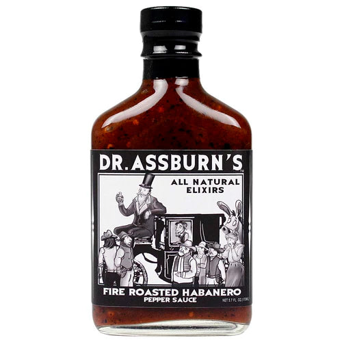 Bottle of Dr. Assburn's Fire Roasted Habanero Pepper Sauce on a white background