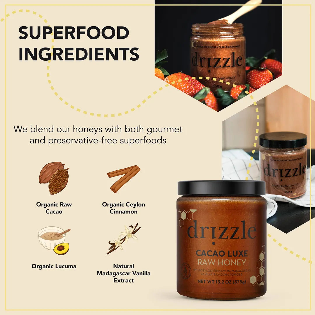 Drizzle Cacao Luxe Raw Honey with superfood ingredients and packaging on a beige background