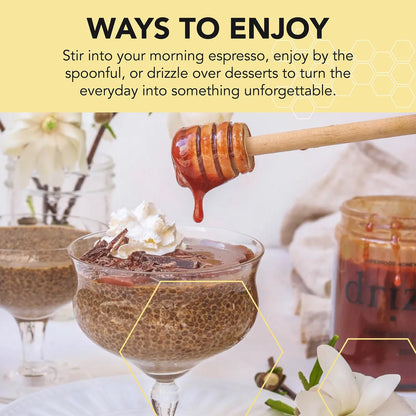 Honey being drizzled over a dessert with text on ways to enjoy it.