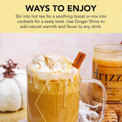 Gingerbread latte with whipped cream and a cinnamon stick, featuring a jar of honey on a warm-toned background.