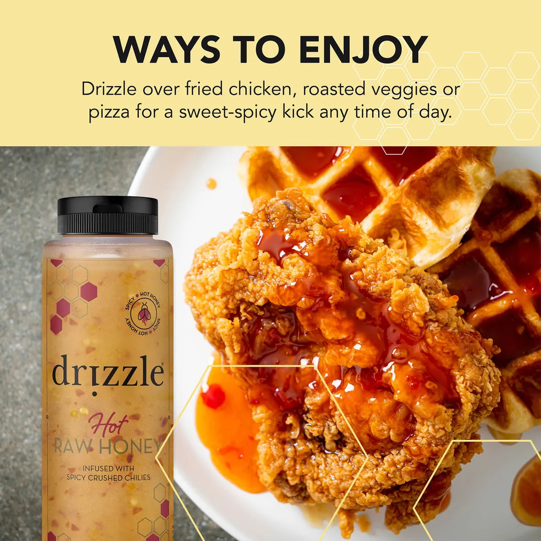 Drizzle bottle with fried chicken and waffles on a plate, text about ways to enjoy drizzle.