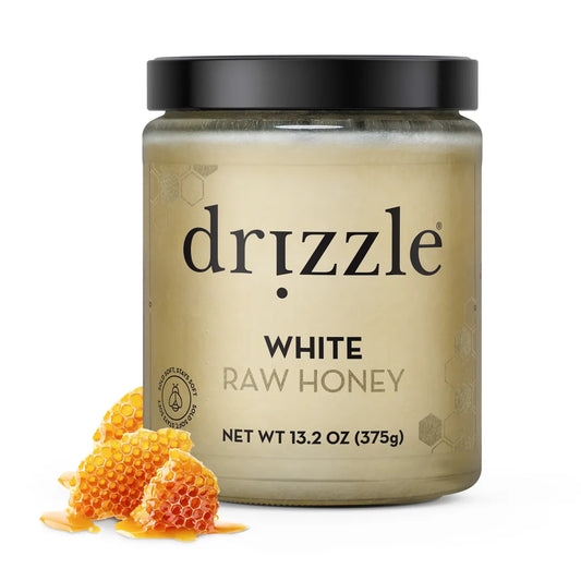 Jar of drizzle white raw honey with honeycomb illustration on a white background