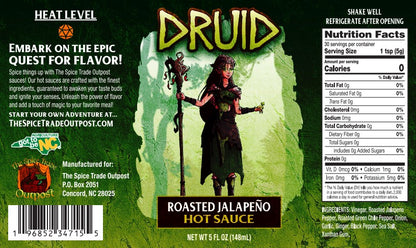 Label of Druid Roasted Jalapeño Hot Sauce with character holding a staff and text on a green background