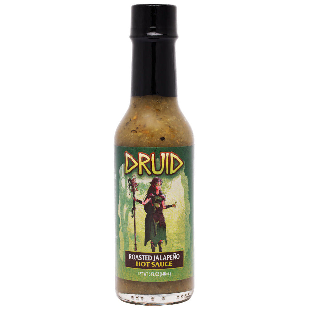 Bottle of Druid Roasted Jalapeno Hot Sauce on a white background