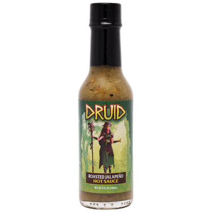 Bottle of Druid Roasted Jalapeno Hot Sauce on a white background