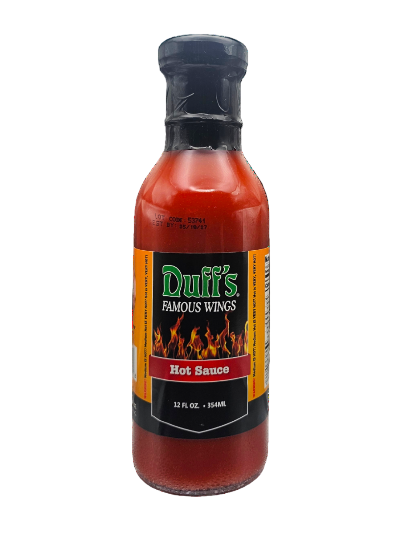 Bottle of Duff's Famous Wings Hot Sauce on a white background
