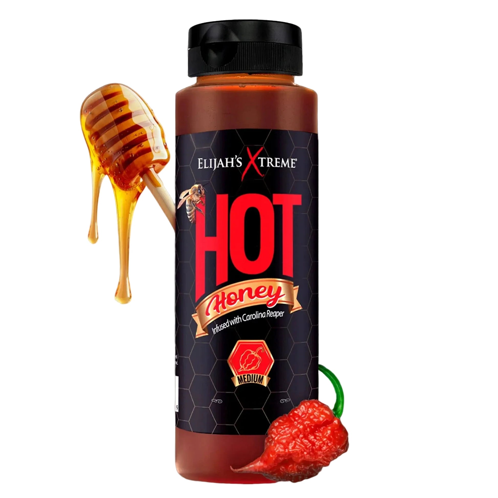 Bottle of Elijah's Extreme Hot Honey with honey drizzle and a Carolina Reaper pepper on a white background