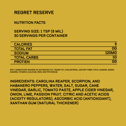 Nutrition facts and ingredients list for Elijah's Regret Reserve Hot Sauce