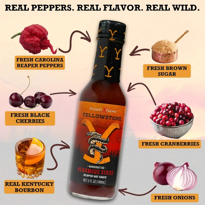 Bottle of Yellowstone hot sauce with ingredients listed on a colorful background