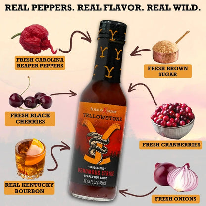 Bottle of Yellowstone hot sauce with ingredients listed on a colorful background