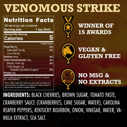 Product label for 'Venomous Strike' with nutrition facts, awards, and ingredient list 