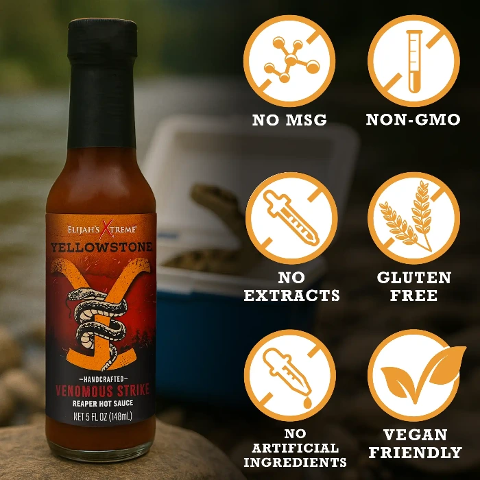 Elijah's Venomous Strike Hot sauce bottle with certification icons 