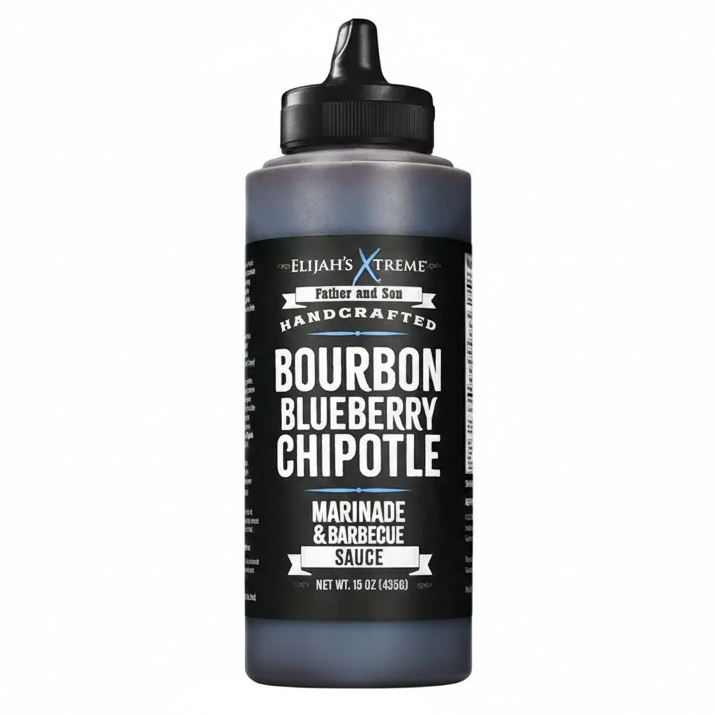 Bottle of Elijah's Extreme Bourbon Blueberry Chipotle marinade and barbecue sauce on a white background