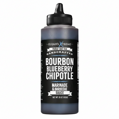 Bottle of Elijah's Extreme Bourbon Blueberry Chipotle marinade and barbecue sauce on a white background