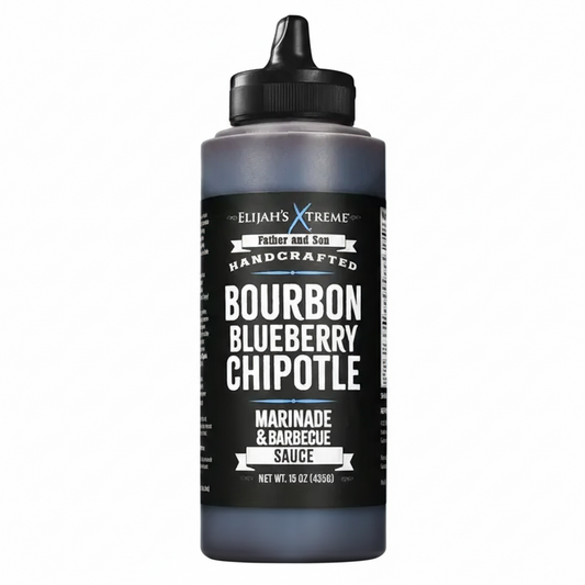 Bottle of Elijah's Extreme Bourbon Blueberry Chipotle marinade and barbecue sauce on a white background