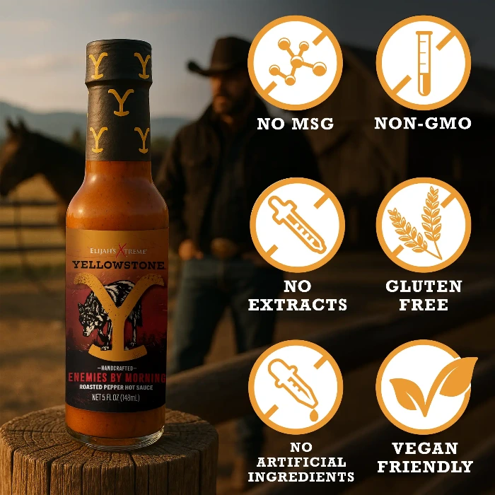 Yellowstone hot sauce bottle with health benefits icons and text on a wooden surface.