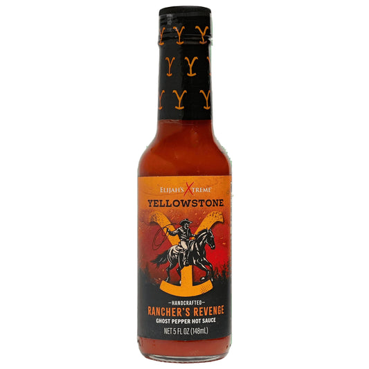 Bottle of Yellowstone Rancher's Revenge hot sauce on a white background