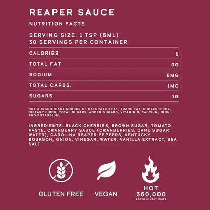 Nutrition facts label for Reaper Sauce on a red background