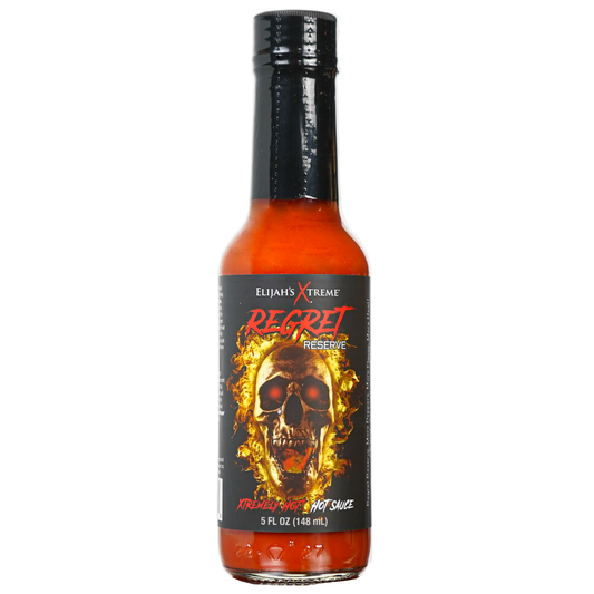 Elijah's Extreme Regret Hot sauce bottle with skull design on label against a white background