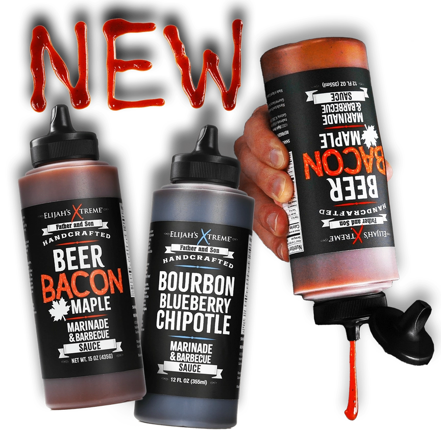 Three bottles of Elijah's Extreme sauces with 'NEW' text above them on a white background.