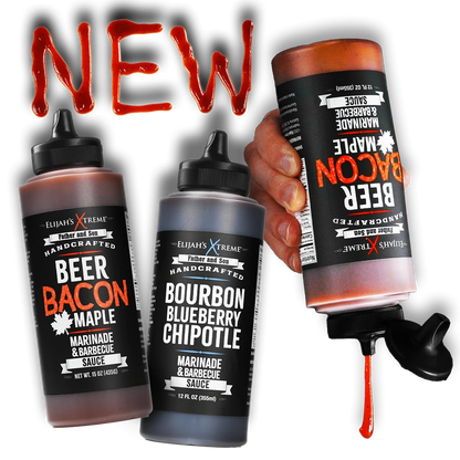 Three bottles of Elijah's Extreme sauces with 'NEW' text above them on a white background.