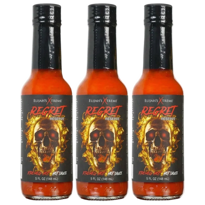 Three bottles of Elijah's Xtreme Regret Reserve Hot Sauce in a pack of 3