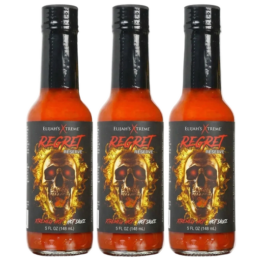 Three bottles of Elijah's Xtreme Regret Reserve Hot Sauce in a pack of 3