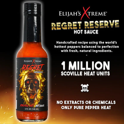 Elijah's Extreme Regret Reserve hot sauce bottle with branding and heat unit information on a dark background.