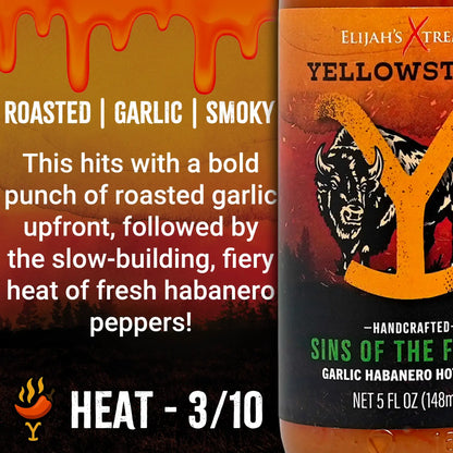 Bottle of Elijah's Yellowstone Sins of the Flesh Garlic Habanero Hot Sauce with label and description text.
