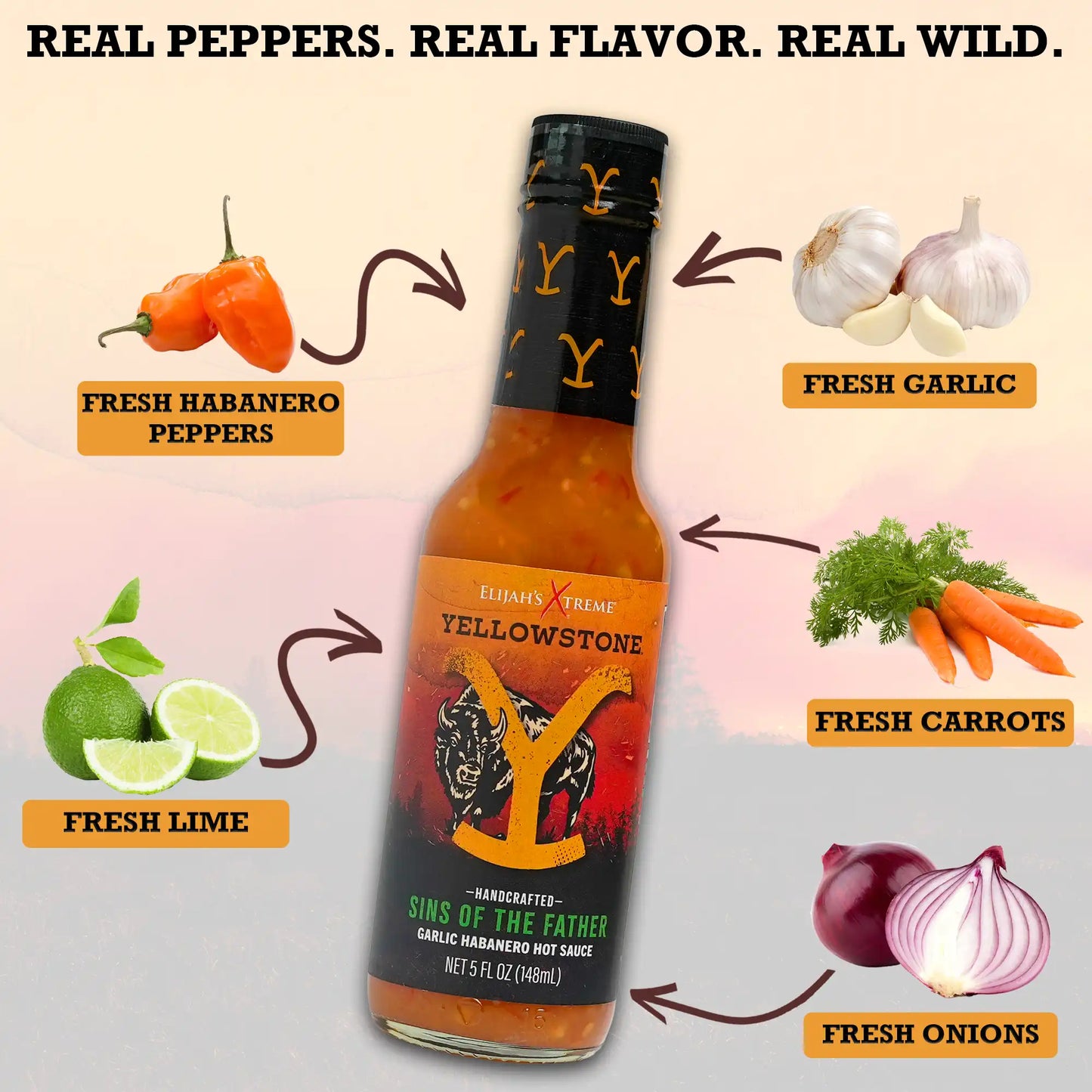 Bottle of Yellowstone hot sauce with ingredients on a light background