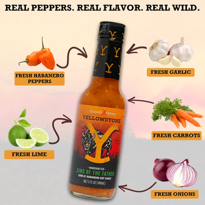 Bottle of Yellowstone hot sauce with ingredients on a light background